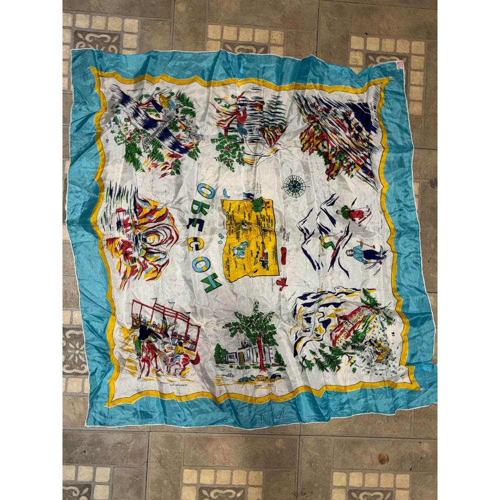 Vintage Oregon Souvenir Scarf Silk Rayon Blend Map Turquoise White Japan